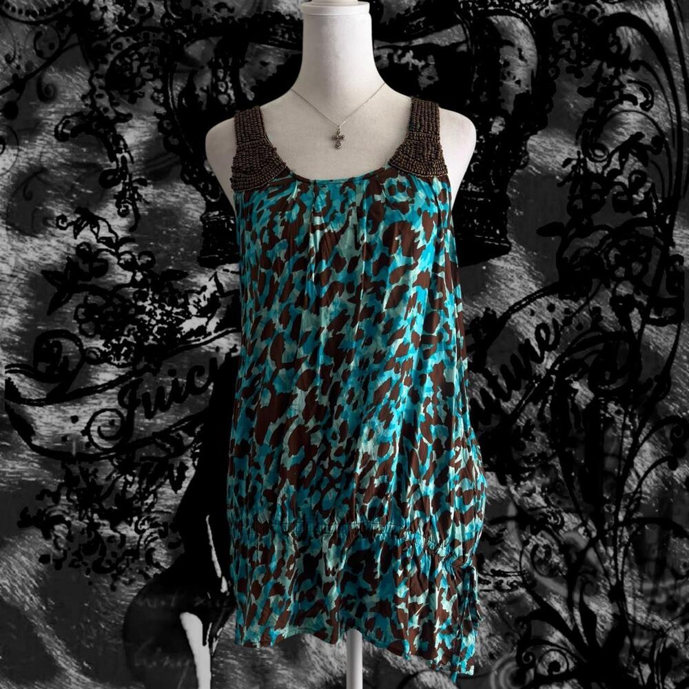 intricate beaded straps APT.9 bubble blue and brown animal print tank top